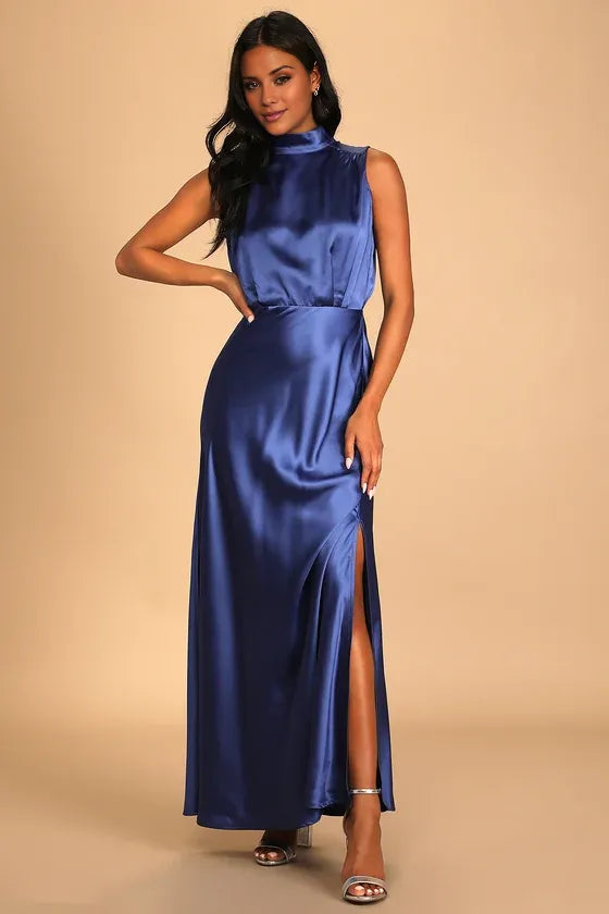 TingPo Wholesale Signature Elegance Blue Satin Sleeveless Mock Neck Maxi Dress formal wear dresses 